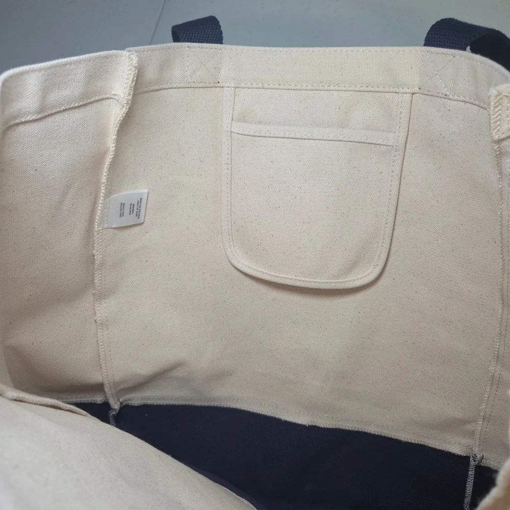 Life Is Good Canvas Tote Bag Cream Navy Blue Fall Leaves Graphic Large 15X18‎
